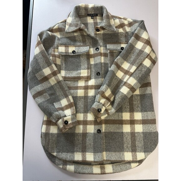 Fore Gray White Brown Plaid Button Up Wool Blend Flannel Shacket Woman's Size XS - Picture 5 of 8